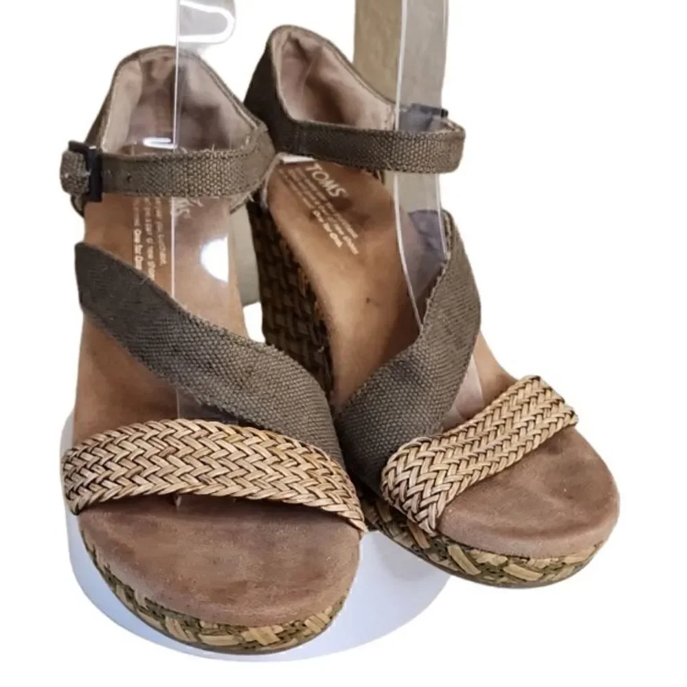 Toms- Clarissa Weaved Jute Wedges Olive Green Strappy, Size 7.5